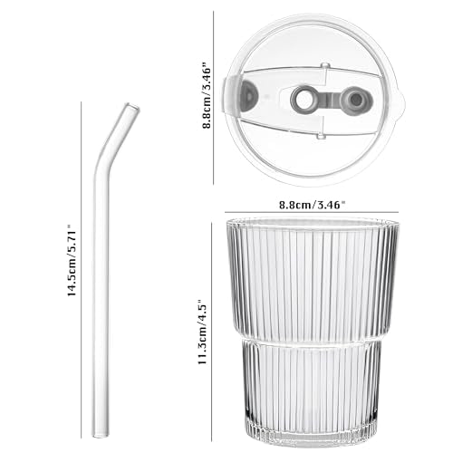 13oz/400ML Glass Tumbler with Straw and Lid Ribbed Vertical Ice Coffee Cups Sealed Carry on for Coffee Iced Tea, Thick Wall Glassware Tumbler Water Glass - color: 2Pack Clear-A