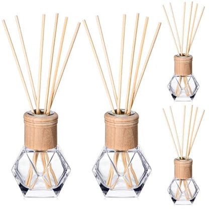 Roshtia 4 Set Reed Diffuser Bottle Empty Refillable Fragrance Glass Diffuser Bottles Set with Wooden Caps Rattan Sticks 50ml 1.7 oz Irregular Glass Jars for DIY Fragrance