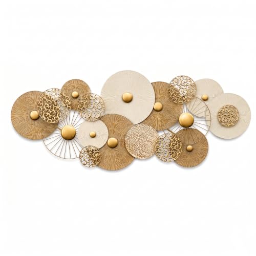 HAVFIFK Large Metal Wall Art Decor for Living Room,3D Geometric Disc Design | Easy to Install,Horizontal or Vertical Hang,Wall Sculptures for Bedroom Office Dining Room Entryway Above Couch Home Decor - color: White Gold