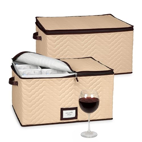 Wine Glass Storage Box with Dividers, Holds 12 Glasses up to 4.25" Wide | 2 Pack, Stemware Storage Case, Protects Fine China, Durable Quilted Microfiber, Carry Handles, Ideal for Red Wine Glass - size: Red Wine Glass, style: 2 Pack