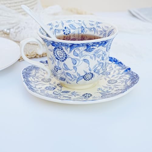 Bone China Tea Cup and Saucer Set with Spoon，Elegant Floral Tea Cup Set (7 oz)，British Coffee Latte Mug for Birthday Party Christmas gift for Friends - color: Blue-01