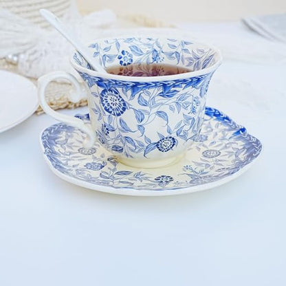 Bone China Tea Cup and Saucer Set with Spoon，Elegant Floral Tea Cup Set (7 oz)，British Coffee Latte Mug for Birthday Party Christmas gift for Friends - color: Blue-01