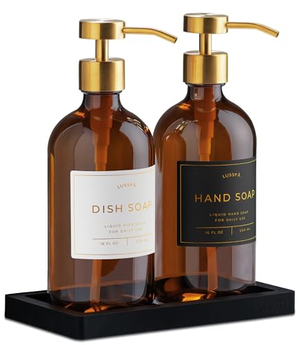 Glass Soap Dispenser Set of 2 (Amber) with Silicone Tray | Hand and Dish Soap Dispenser for Kitchen and Bathroom | 16.8 Oz Glass Bottles with Stainless Steel Pump & 15 Waterproof Labels (Amber/Gold) - color: Amber/Gold