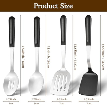 4 Pcs Cooking Utensils Set, Stainless Steel Kitchen Utensils, Heat Resistant Metal Kitchen Tools Include Solid, Slotted Turner, Serving Spoon, Non-Stick Wok Spatula, Dishwasher Safe, Silver