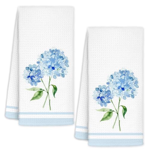 Summer Blue Hydrangea Bow Decorative Hand Kitchen Bathroom Towels Set of 2, Blue Hydrangea Bathroom Decor, Flower Floral Hydrangeas Lovers Gifts for Kids Women, 16x24 Inch - color: Blue and White