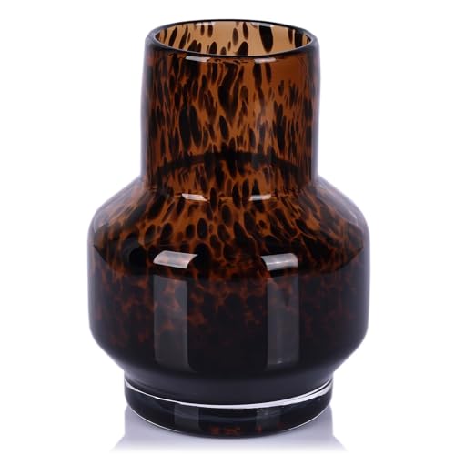 Amber Vase – Brown Glass, Modern Clear Glass Vase with Wide Mouth for Flowers, Decorative Bottles for Home Decor, Farmhouse Centerpiece, Tortoise Shell Art Glass Vase for Living Room, Kitchen, Office