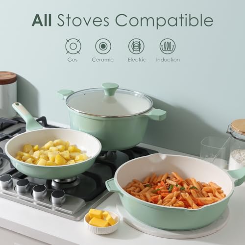 SENSARTE Nonstick Ceramic Cookware Set Large 13-Piece, Healthy Pots and Pans Set Dishwasher Safe, Non-toxic Kitchen Cooking Set with Stay-Cool Handles, Induction Compatible, PFAS Free, Green - color: Light Green