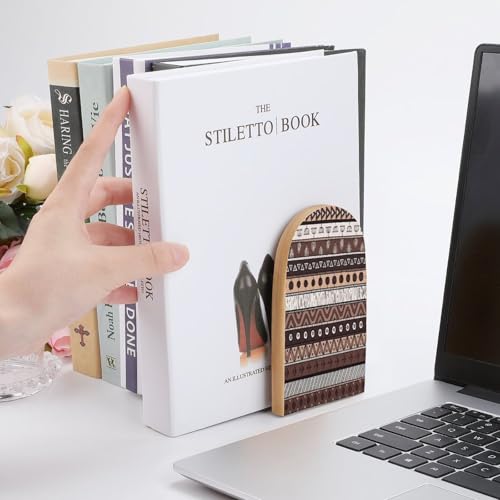Personalized Wood Book Ends Metal Base Tribal Geometric Stripes Printing Bookend Modern Heavy Duty Bookends for Home Or Office 1 Pair - color: Tribal Geometric Stripes