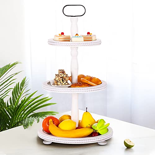 Urban Deco Wooden Tiered Tray 3-Tier Decorative Tray Stand Farmhouse Serving Tray, Round Wooden Cupcake Display Stand with Metal Handle, White Tiered Fruits Tray for Home Party Decorations - style: 3 tier-white
