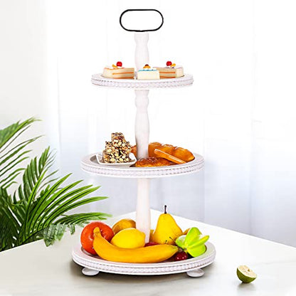 Urban Deco Wooden Tiered Tray 3-Tier Decorative Tray Stand Farmhouse Serving Tray, Round Wooden Cupcake Display Stand with Metal Handle, White Tiered Fruits Tray for Home Party Decorations - style: 3 tier-white