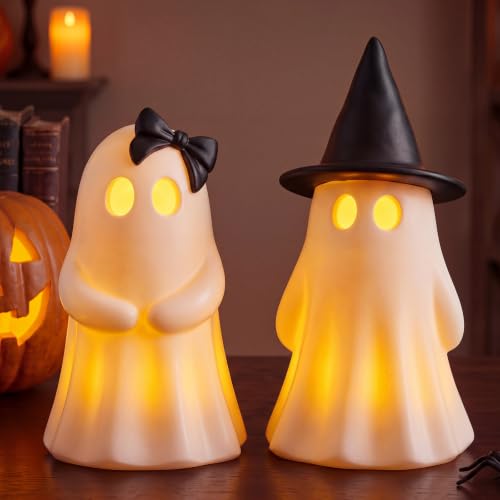 Fumete 2 Pcs Halloween Decorations - Spooky Resin Ghost Light up Cute Ghost Couple with Witch Hat and Black Bow, Halloween Indoor Figurines for Mantel, Shelf & Tabletop Home Party Decor - style: Couple Ghosts