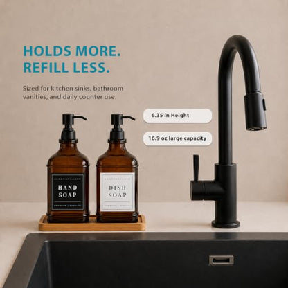 Amber Glass Soap Dispesner Set 2 16.9oz Kitchen Sink Luxury Bathroom Decor | Anti-leak Stainless Steel Pump, Bamboo Tray Silicone Funnel, Refillable Bottles with Waterproof Labels Residue Free - color: Dm2647-brown