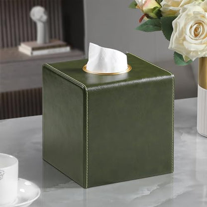 Square Tissue Box Cover with Magnetic Closure, Dark Green | Luxury PU Leather Tissue Holder with Gold Tone Metal Opening, Fits All Standard Cube Tissue Boxes - color: Dark Green