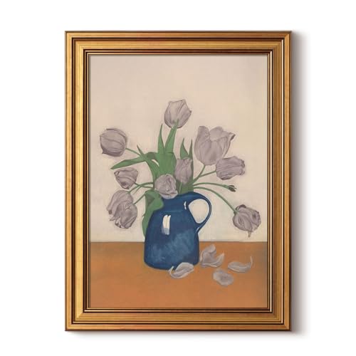 InSimSea 12x16 Vintage Gold Framed Tulip Wall Art, Blue Vase Purple Floral Painting Canvas Prints, Modern Farmhouse Decor for Kitchen Living Room Bedroom Bathroom - color: Tulip, size: 16"L x 12"W
