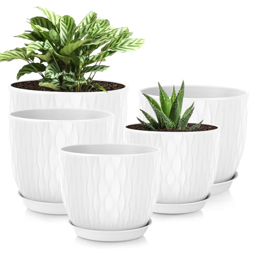 Plastic Plant Pots 10/9/8/7.5/7 inch Set of 5, Flower Planters with Drainage Holes and Saucers, Plastic Pots for Indoor Outdoor Plants, Livingroom Garden Decor (White) - color: White