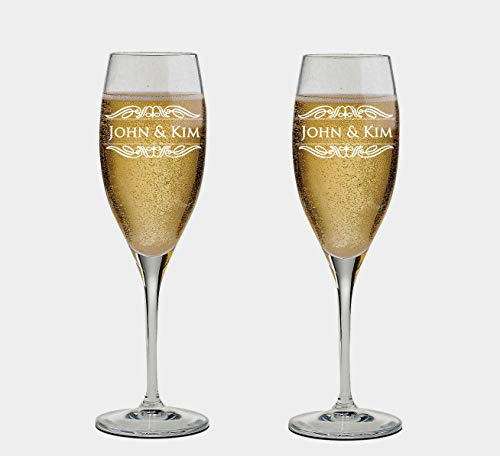 Set of 2 Personalized Wedding Champagne Flutes- Mr and Mrs Design - Engraved Champagne Glasses for Bride and Groom Flutes for Wedding - color: Wedding-05, style: Only Glasses