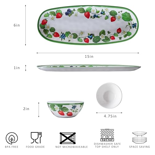 LEHAHA Strawberry Melamine Chip and Dip bowl Serving platter, Set of 3. Rectangular serving platter and small serving bowl sets. Round Dipping Dishes for Condiments, Pre, Dessert, Salsa, Entertaining - color: Strawberry