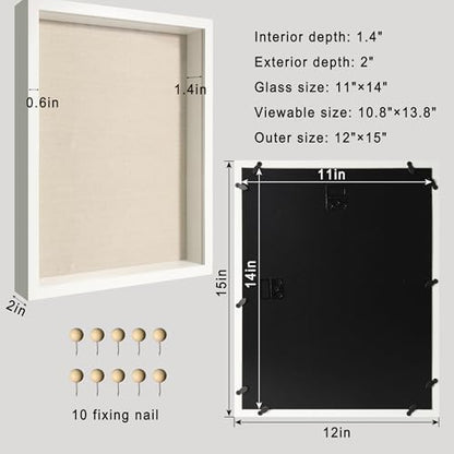 11x14 Shadow Box Display Case with Tempered Glass, White Wooden Large Memory Shadow Box Frame with Soft Linen Back - color: White, size: 11x14