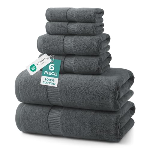 ecolook Ultra Soft 6-Piece Towel Set, 100% Cotton | Lighter Weight, Quick Dry, Highly Absorbent, 2 Bath, 2 Hand, 2 Washcloths, Perfect for Bathroom, Dark Gray - color: Dark Gray