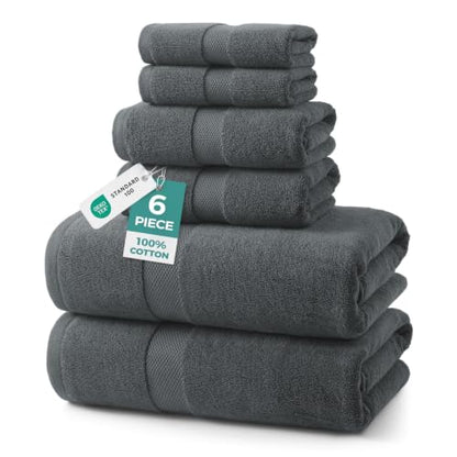 ecolook Ultra Soft 6-Piece Towel Set, 100% Cotton | Lighter Weight, Quick Dry, Highly Absorbent, 2 Bath, 2 Hand, 2 Washcloths, Perfect for Bathroom, Dark Gray - color: Dark Gray