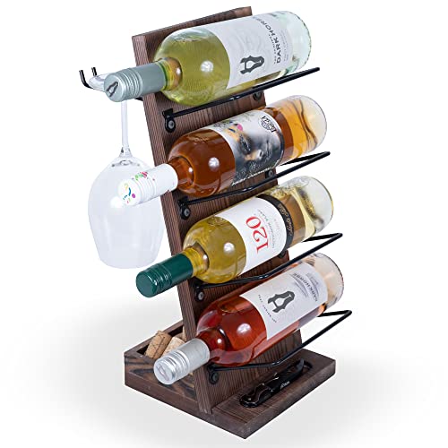 Rueda Tabletop Wine Rack for 4 Bottles with 2 Stemware Glass Holder and Cork Storage Countertop Tray Freestanding Bar Organizer, Walnut