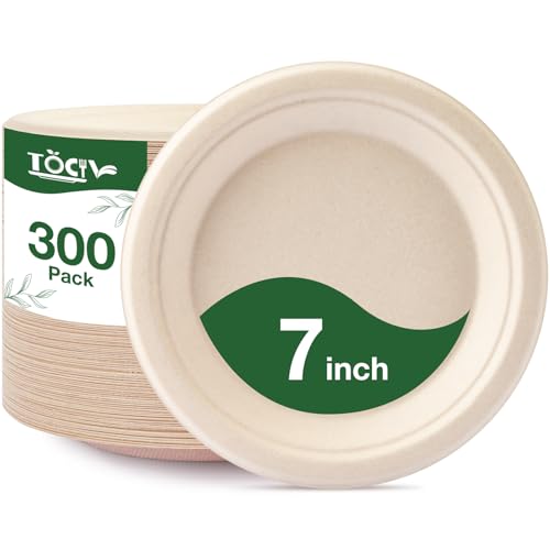 Paper Plates Compostable 300-Count 7 Inch Disposable Heavy Duty Party Small Plates Bulk for Appetizer Dessert Cake Biodegradable Birthday Holiday Kids Party Supplies - color: Nature, size: 7 inch
