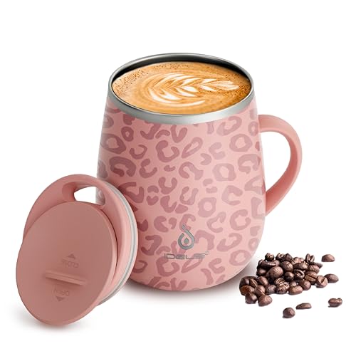 Ideus 16 oz Insulated Coffee Mug with Handle and Lid, Double Wall Stainless Steel Vacuum Thermal Coffee Mug, Travel Coffee Cup Thermal Cup for Home and Office (Leopard Pink, FUJI DAWN) - color: Leopard Pink