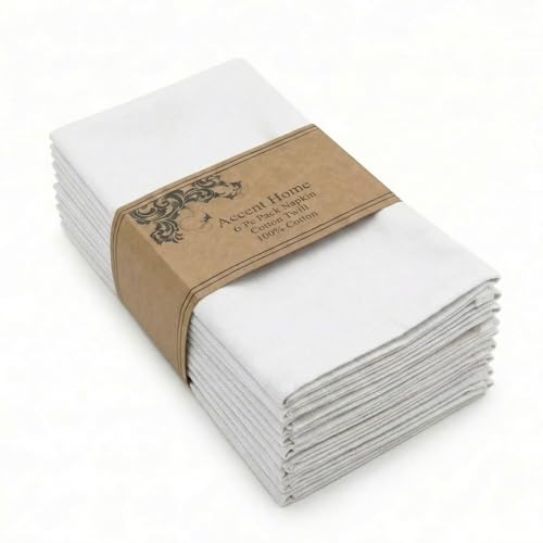 ACCENTHOME Cloth Napkins Set of 6 18x18 inch 100% Cotton Dinner Napkin Washable Hotel Quality Reusable Kitchen & Table Linen for Fall Thanksgiving Family Dinners Weddings & Everyday Use - White | 100% Pure Cotton Napkins, Economy Pack, Multi Purpose Use,
