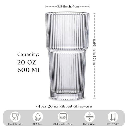 INSETLAN 20oz Ribbed Glass Tumbler Set of 8 – Large Capacity Drinking Glasses for Iced Coffee, Water, Juice, and Cocktails – Elegant Modern Glassware for Everyday Use and Special Occasions