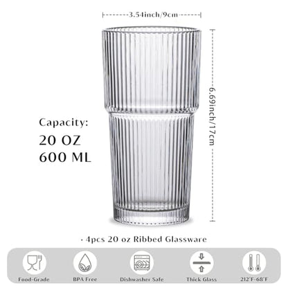 INSETLAN 20oz Ribbed Glass Tumbler Set of 8 – Large Capacity Drinking Glasses for Iced Coffee, Water, Juice, and Cocktails – Elegant Modern Glassware for Everyday Use and Special Occasions