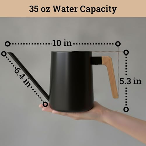 Metal Small Indoor Watering Can with Long Spout & Real Wood Handle, 35oz | Long Spout, Stainless Steel, Real Wood Handle, Gentle Flow, No Spills, Suitable for House Plants, Succulents & Seedlings - color: Black