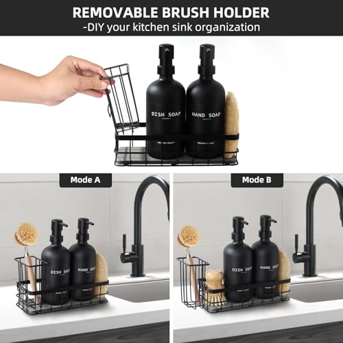 Dish Soap Dispenser for Kitchen, 16.9 fl oz Black Hand and Dish Soap Dispenser Set, Kitchen Soap Dispenser with Sponge Holder, Brush Holder and Loofah Sponge, Countertop Sink Organizer Accessories - color: Black