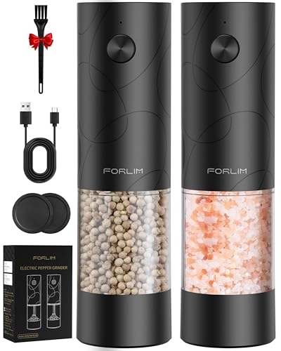 FORLIM Electric Salt & Pepper Grinder Set, Rechargeable 2 Pack, Dual Black | One-Hand Control for Home Cooks, BBQ, Meal Prep and Dining; 3.38 oz Removable Clear Cups, White LED, 7 Settings, Ceramic Core - color: Black