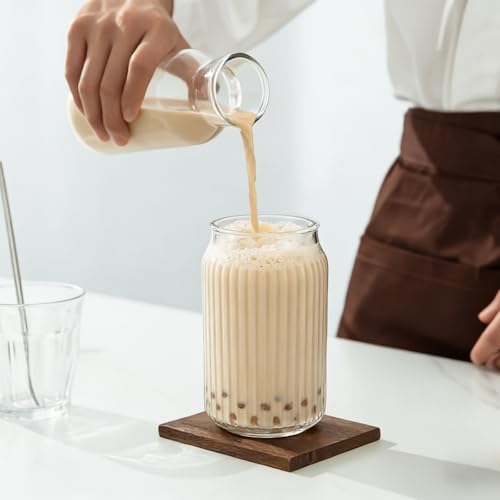8 Pcs Fluted Glass Tumblers with Bamboo Lids and Straws 16oz Ribbed Can Drinking Glasses Beer Shaped Glasses Coffee Cups for Iced Coffee Cocktail Beer Tea Water Whiskey