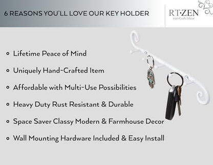 Farmhouse Small Key Holder for Wall, Wrought Iron Wall Mount Rack | Handcrafted Swirl Decorative, 5 Key Hooks for Home Entryway, Purse, Coat and Leash Holder or Organizer (Classic White) - style: Classic - W