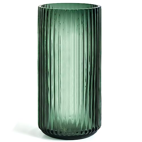 Muyan 7.5" Flower Vase for Decor Ribbed Glass Vase Modern for Centerpieces Desktop Home Office Dining Living Room Wedding (Green) - color: Green, size: 7.5 Inch