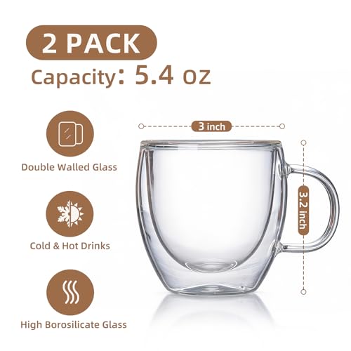 Double Wall Insulated Espresso Shot Cups 5.4 OZ Set of 2, Small Clear Borosilicate Glass Demitasse Coffee Mugs with Handles