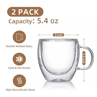 Double Wall Insulated Espresso Shot Cups 5.4 OZ Set of 2, Small Clear Borosilicate Glass Demitasse Coffee Mugs with Handles