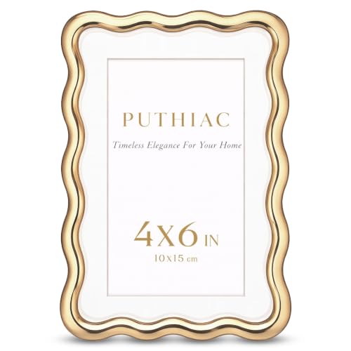 4x6 Wavy Picture Frame, Zinc Alloy Gold Frame, Tempered Glass | Decorative wave profile with included 3x5 mat, ideal for wedding photos, anniversaries, portraits, and elegant home décor - color: Gold, size: 4x6