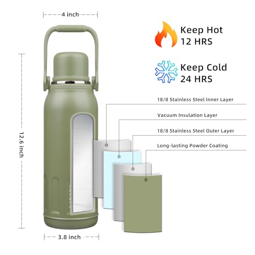 BJPKPK Stainless Steel Insulated Bottle with Handle & Strap, 50oz | Leak-proof vacuum insulation keeps drinks cold/hot for hours. BPA-free, dishwasher safe. Includes handle & strap. Army Green. - color: Army Green, size: 50 Ounces