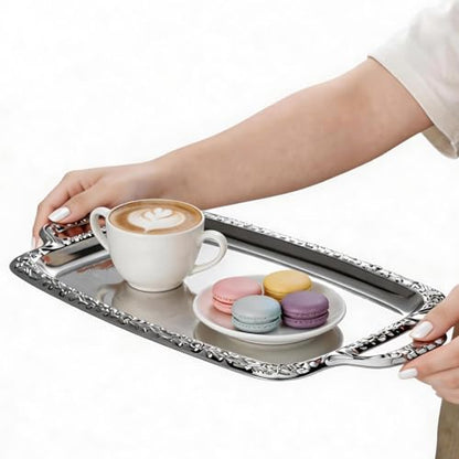 STOBAZA Silver Serving Tray with Handles, 15.3-Inch Metal Coffee Table Tray Butler Plate for Breakfast in Bed