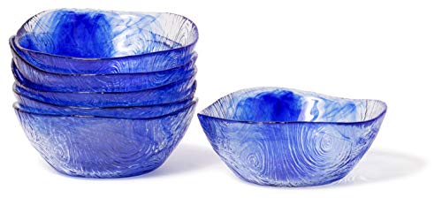 Red Co. Small Blue Etched Wavy Glass Bowl for Fruits and Vegetables, Prepping, Serving, 4.5" x 1.75" - Set of 6
