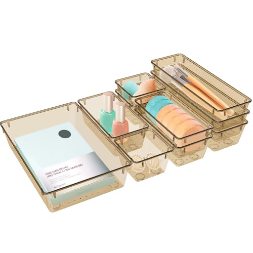 10 PCS Drawer Organizer Set, 5 Size Bathroom and kitchen organizer Trays | Bathroom and kitchen Drawer cabinet organizer Trays, Clear Storage Bins for Makeup, Jewelry, Utensils and Gadgets - color: Champagne, size: 10 PCS