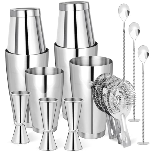 Mwellewm Cocktail Shaker Boston Shaker Set 15 Pcs Professional Bartender Kit Bar Shaker Stainless Steel Drink Shaker Bartending Martini Shaker Tin Mixed Alcohol Shaker Tool for Beginner(Silver) - color: Silver