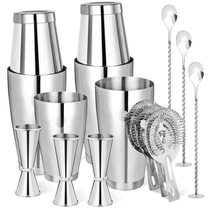 Mwellewm Cocktail Shaker Boston Shaker Set 15 Pcs Professional Bartender Kit Bar Shaker Stainless Steel Drink Shaker Bartending Martini Shaker Tin Mixed Alcohol Shaker Tool for Beginner(Silver) - color: Silver