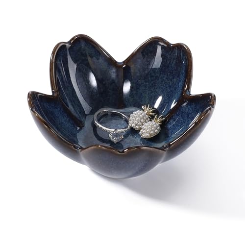 Flower Ring Dish Holder,Jewelry Dish Tray,Small Trinket Tray,Jewelry Plate Bowl,Key Bowl,Decorative Plate,Mothers Day Birthday Gifts for Women Mom Friends,Ceramic Kiln effect Blue - color: Kiln effect Blue