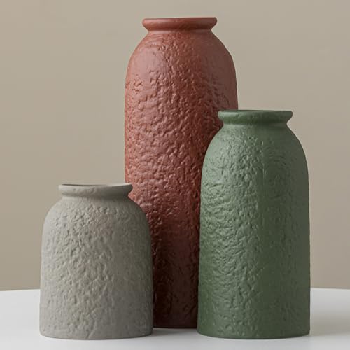 Large Decorative Ceramic Vase Set, 3 Pieces, Nordic Modern Boho Style, Earthtone Color Mix, Modern Farmhouse for Home Decor (XL Red Texture Mix) - color: XL Red Texture Mix