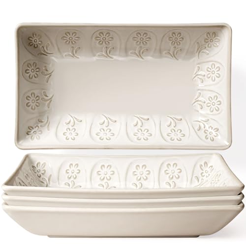 Salad Plates Set of 4, 9.85" Embossed Ceramic Rectangular Appetizer Plates, Deep Lipped Edges, Microwave & Dishwasher Safe, Dessert Sushi Pasta Serving Plates (White, Pinwheel Flower) - color: White (Pinwheel Flower), size: 9.85 inch