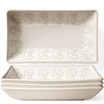 Salad Plates Set of 4, 9.85" Embossed Ceramic Rectangular Appetizer Plates, Deep Lipped Edges, Microwave & Dishwasher Safe, Dessert Sushi Pasta Serving Plates (White, Pinwheel Flower) - color: White (Pinwheel Flower), size: 9.85 inch