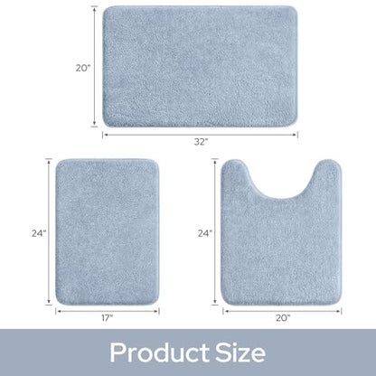 HOMEIDEAS Upgraded Bathroom Rugs Set 3 Piece, Ultra Soft Memory Foam Bath Mats, Super Absorbent Non Slip Washable U-Shaped Toilet Bath Rug (Blue, 17"x24"+20"x32"+U-Shaped 20"x24") - color: Blue